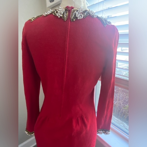 Vintage Don Sayres for Wellmore Neiman Marcus Red Knit Dress Sequins Pearls SZ 4 - Picture 9 of 16